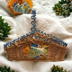 Rustic Farmhouse Market Beachy Basket Oval Tropical Fish Woven Wicker Handle